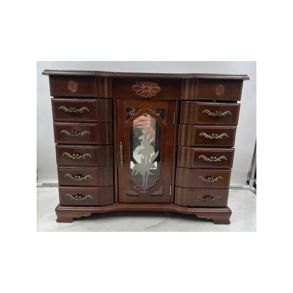Vintage Wooden Jewelry Armoire Chest 10 Drawer Etched Glass Rotating Carousel